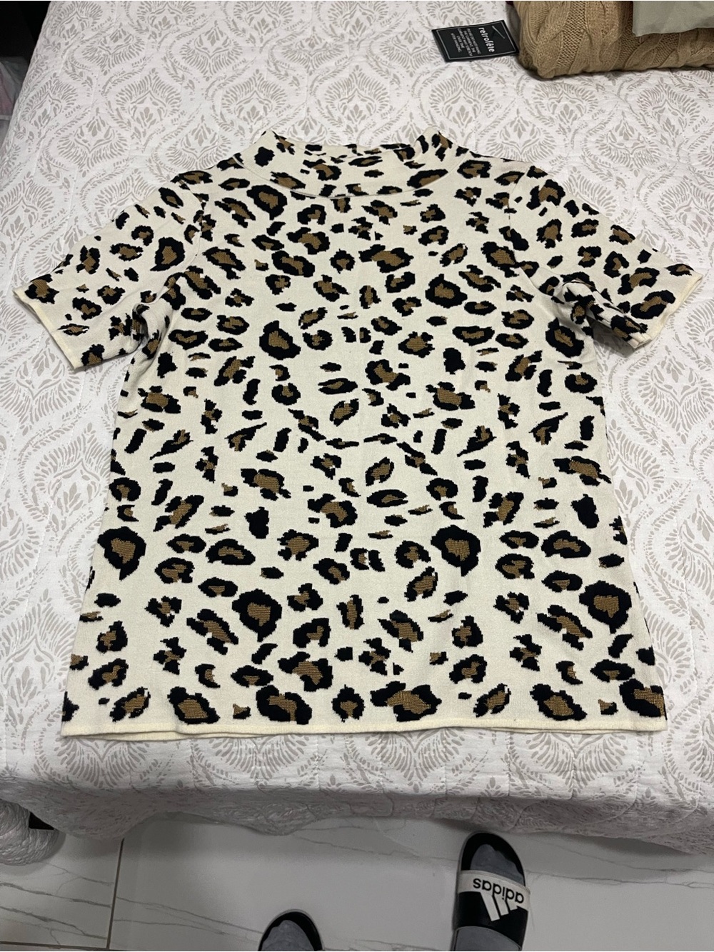 Leopard Print Short Sleeve Polo Top - Cream/Brown/Black